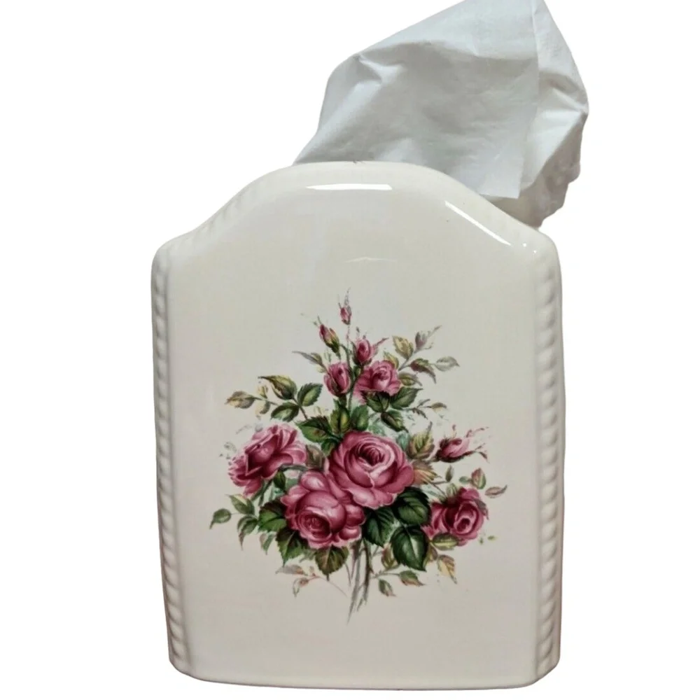 Vintage Athena Rose Rhapsody Ceramic Tissue Box Cover White Pink Floral USA NEW